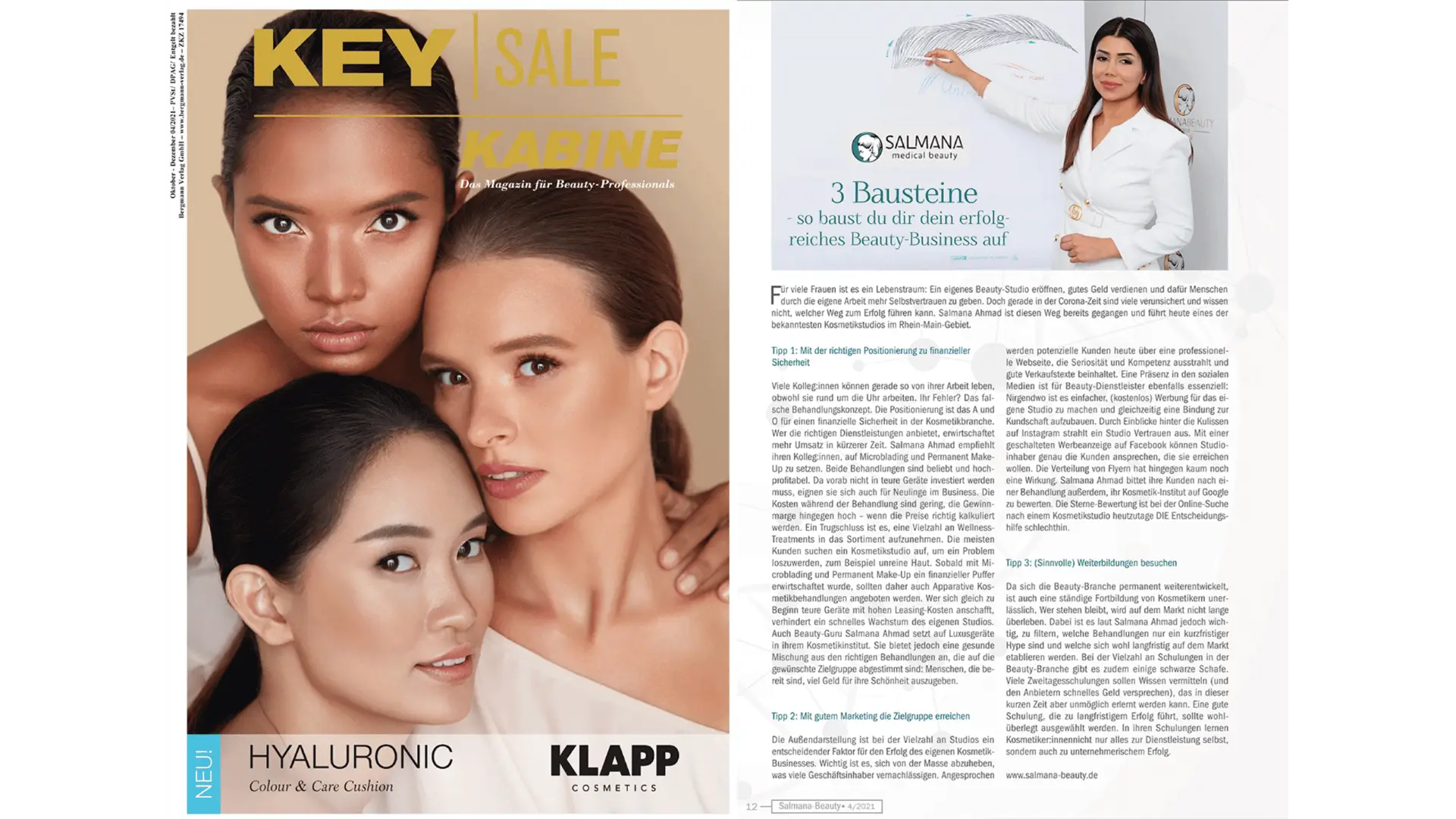 Medienbericht über Salmana Ahmad in der Zeitschrift "Key Sale Kabine" beschreibt die drei Bausteine für ein erfolgreiches Beauty-Business