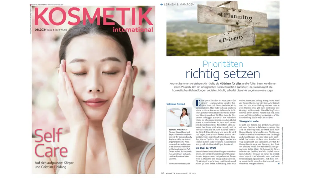 Medienbericht über Salmana Ahmad in der Zeitschrift "Kosmetik International" beschreibt, wie man die richtigen Prioritäten für ein erfolgreiches Beauty-Business setzt